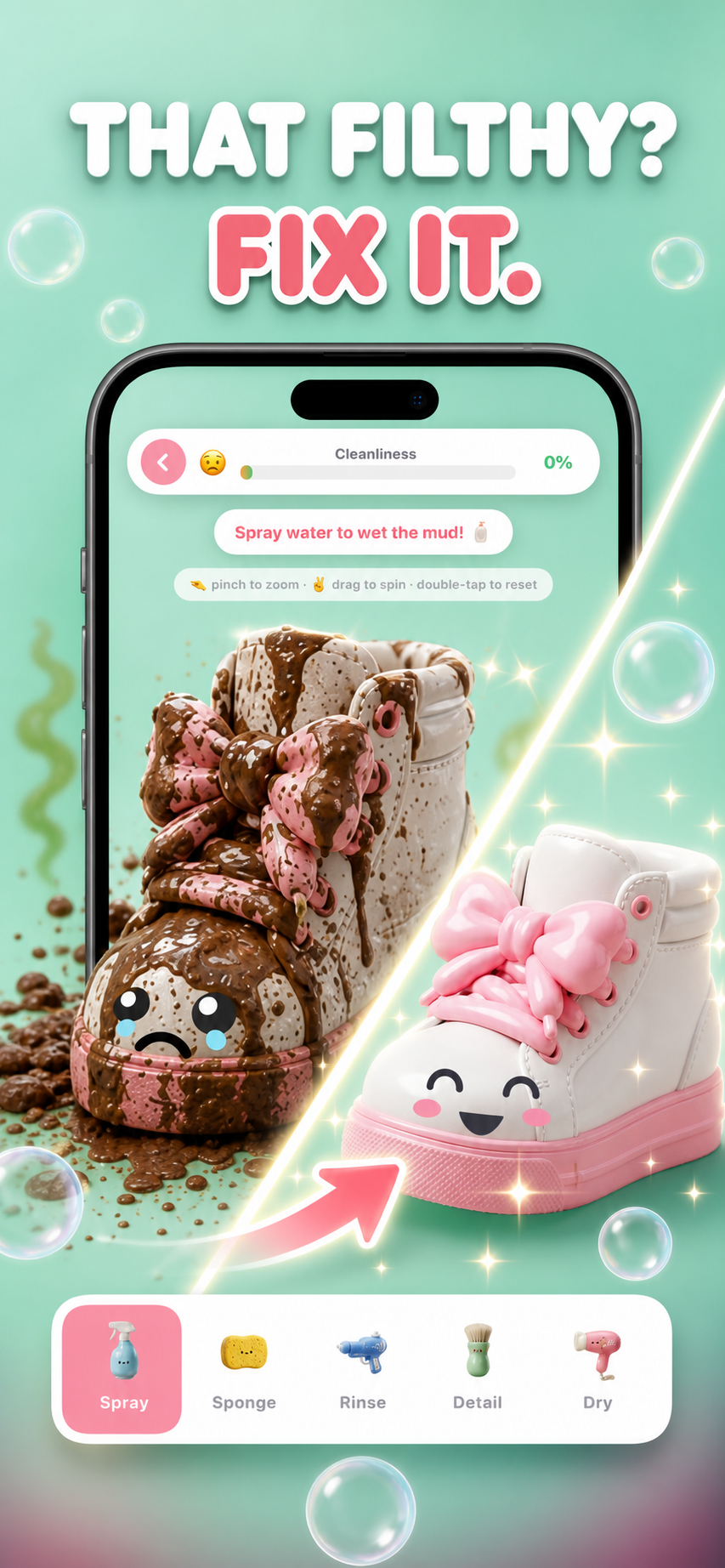 Squeaky gameplay — a muddy sneaker being cleaned to sparkling